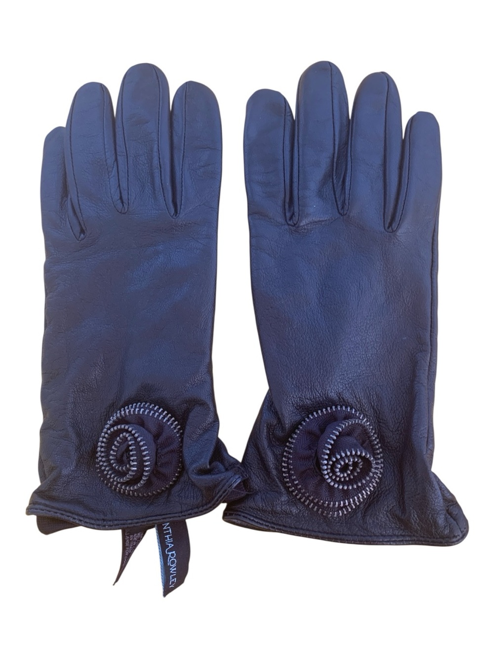 Cynthia Rowley Black Leather Gloves with Rosette Detail